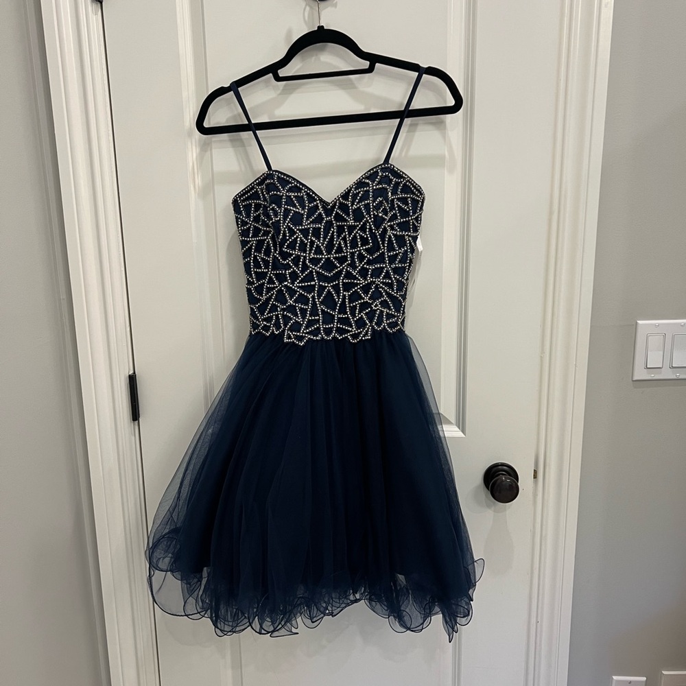 Teen Terani Couture Blue and Silver Sequin Embellished A-line Dress